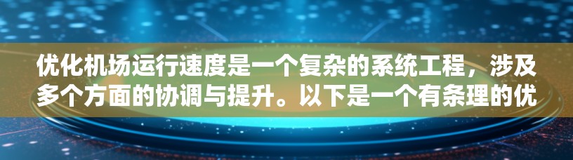 优化机场运行速度是一个复杂的系统工程,涉及多个方面的协调与提升。以下是一个有条理的优化策略,涵盖了从空中到地面的各个环节 优化机场运行速度是一个复杂的系统工程,涉及多个方面的协调与提升。以下是一个有条理的优化策略,涵盖了从空中到地面的各个环节
